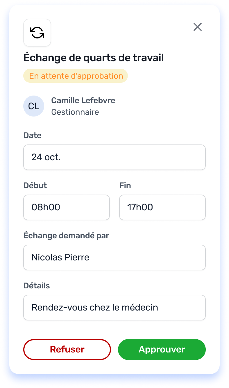 Échange de quarts de travail sur mobile
