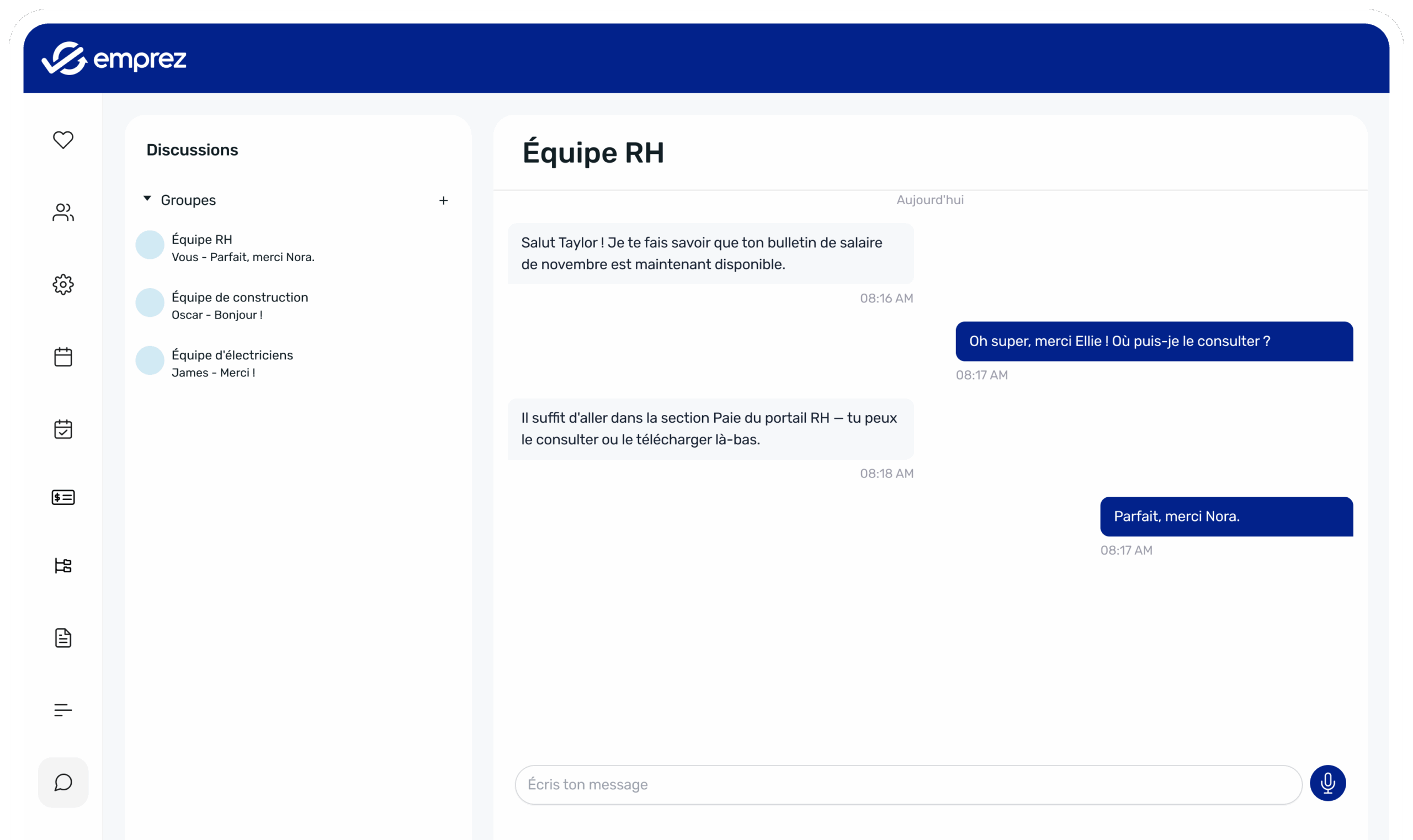 Interface du logiciel de communication d'équipe Emprez
