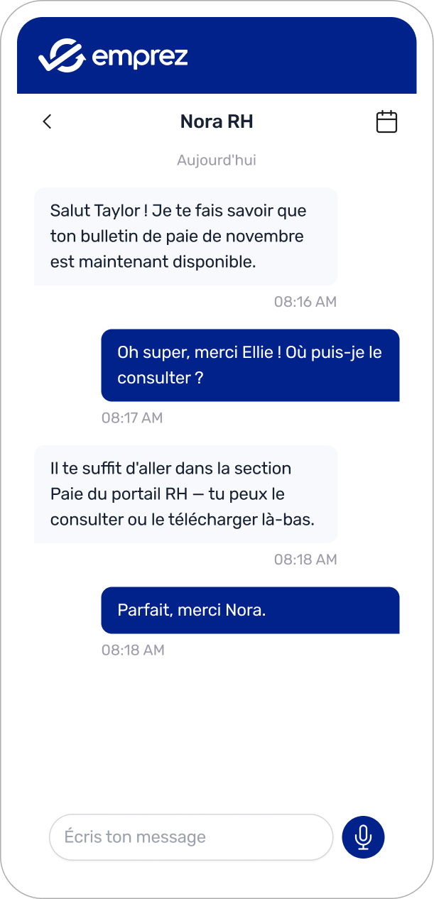 Capture d'écran de la fonctionnalité de messagerie d'Emprez