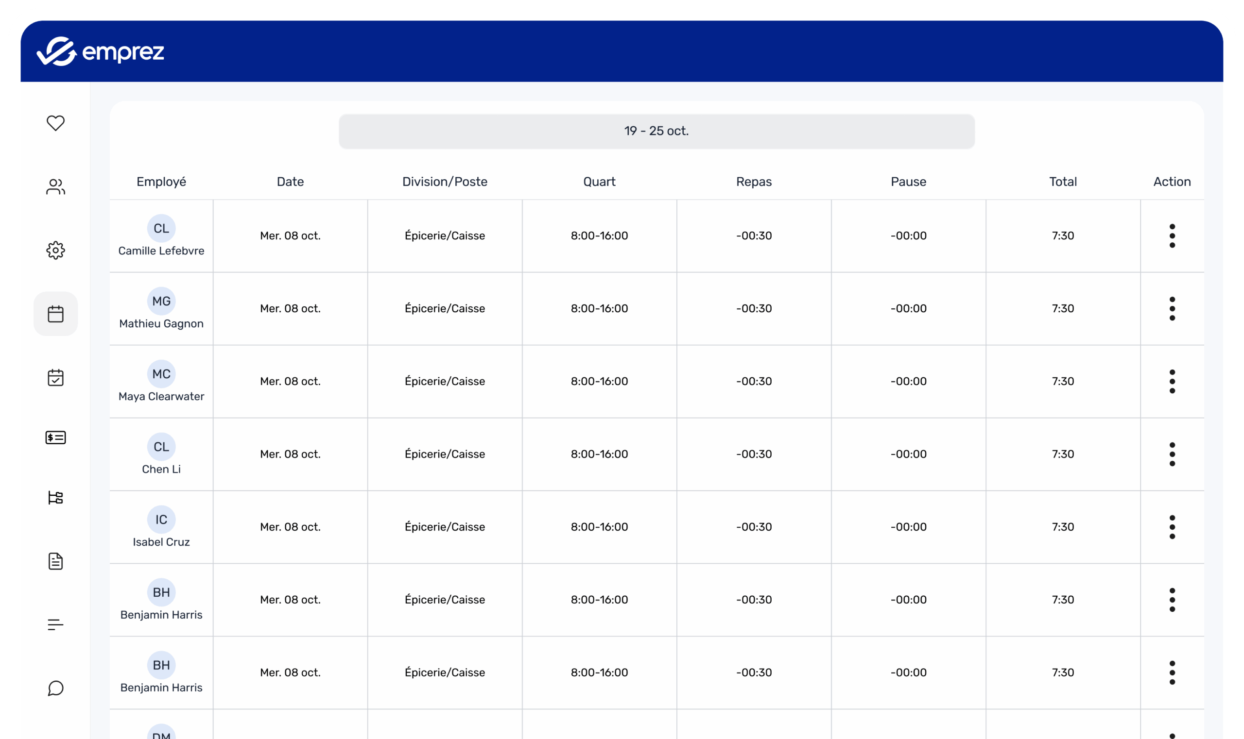 Interface de l'horodateur temps de travail Emprez sur ordinateur.