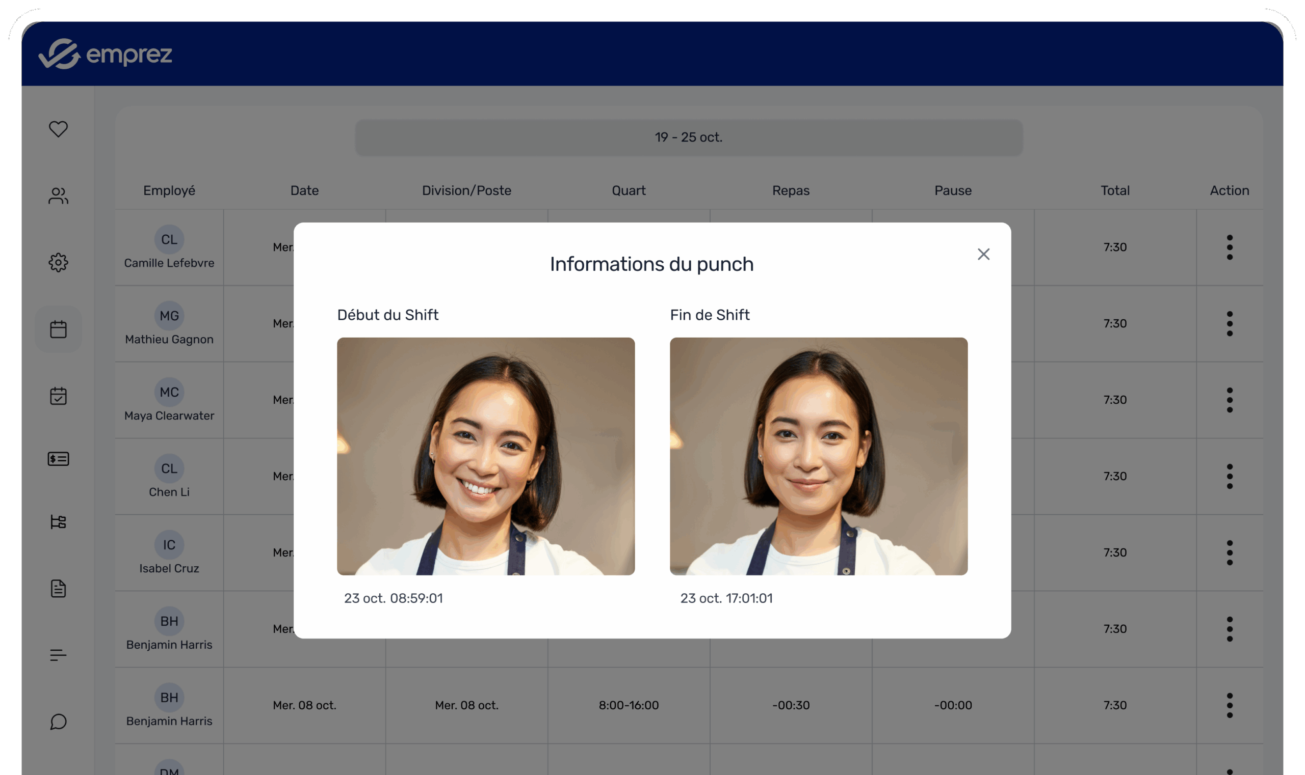 Interface du logiciel de suivi du temps et horodateur pour temps de travail Emprez sur tablette et mobile